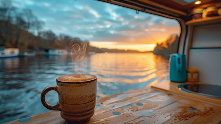 A yellow cup sits on a wooden table, casting a warm glow in a simple, rustic setting.の素材
