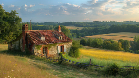 A single house stands in the center of a vast expanse of lush green field under a clear sky.の素材
