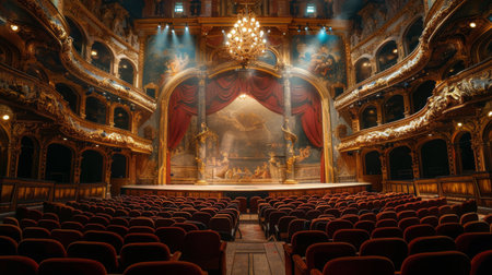 A theater room with rows of red seats and a hanging chandelier illuminated for an event.の素材