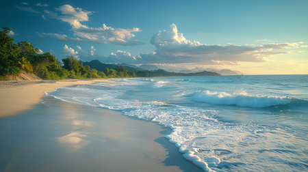 A sandy beach with crystal blue water and lush green trees under a clear sky.の素材