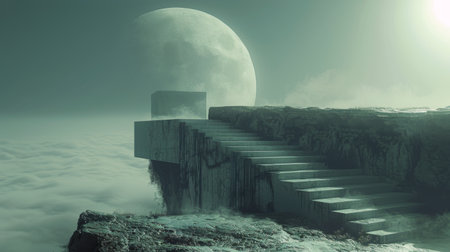 A staircase ascends towards a massive moon hovering in the night sky, creating a surreal and otherworldly scene.の素材