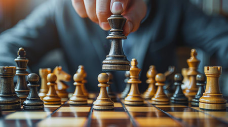 A man intensely focuses on making his next move as he plays chess on a classic chessboard.の素材