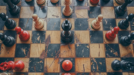 A man intensely focuses on making his next move as he plays chess on a classic chessboard.の素材