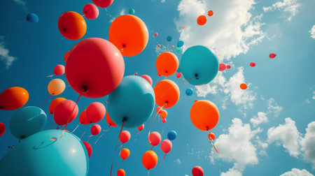 A cluster of colorful balloons drifting upwards in the sky.の素材