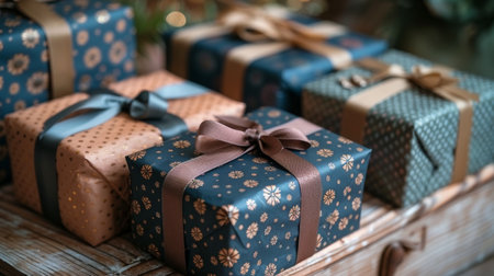 Multiple colorful presents wrapped in paper and ribbons, placed on top of a wooden box.の素材