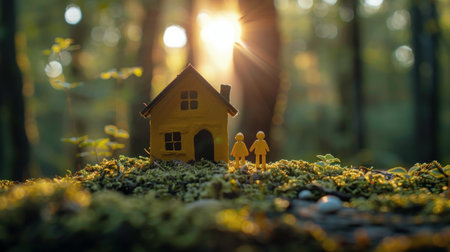 A small yellow house stands in the dense forest surrounded by trees.の素材