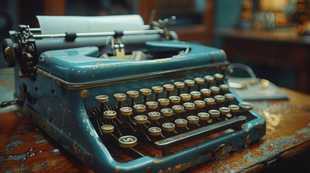 An old blue typewriter is placed on top of a wooden table.の素材