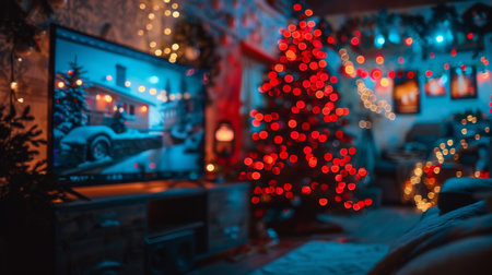 A living room featuring a decorated Christmas tree standing in the corner, creating a festive atmosphere.の素材