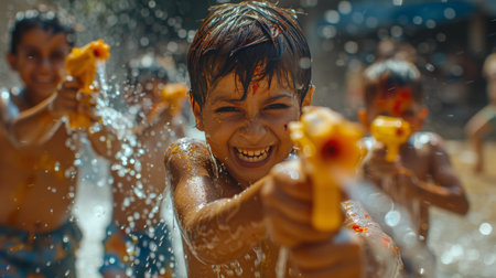 A group of children joyfully playing with water guns in a sunny outdoor setting.の素材