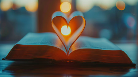 An open book resting on a wooden table, showing its pages and cover.の素材
