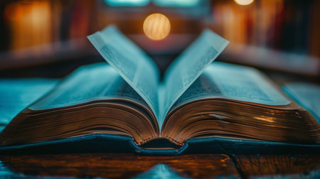 An open book resting on a wooden table, showing its pages and cover.の素材