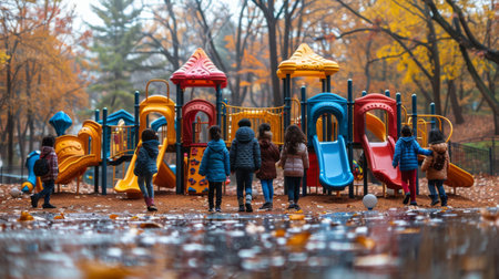 A colorful playground featuring a slide and multiple slides where children play and have fun in a lively outdoor setting.の素材