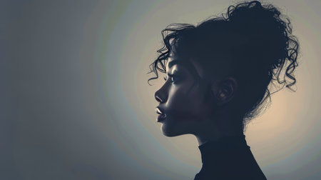 A silhouette of a woman with curly hair standing against a light background.の素材