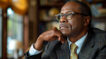 A professional man in a formal suit and tie is seated.の素材