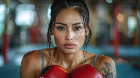 A woman in active wear stands in the rain, wearing red boxing gloves.の素材