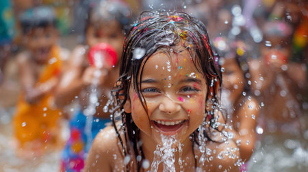 A group of children joyfully playing with water guns in a sunny outdoor setting.の素材