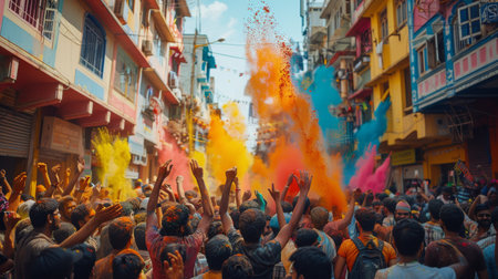 Group of people joyfully throwing vibrant colored powder at each other during a festive celebration.の素材