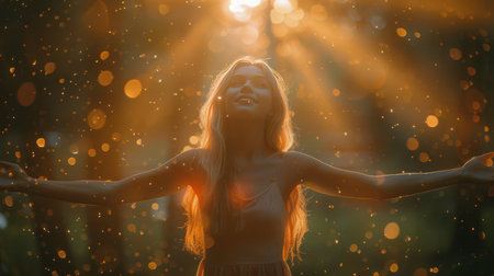 A woman stands in a forest with her arms outstretched.の素材
