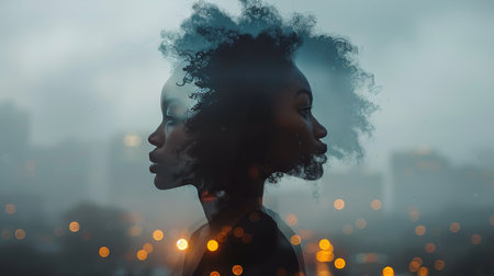A womans silhouette is visible against a colorful sunset.の素材
