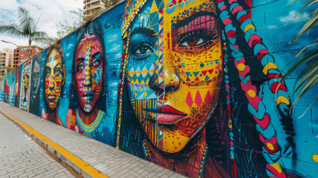 A vibrant wall displaying a colorful painting of a womans face.の素材
