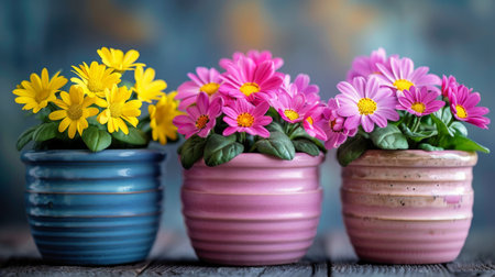 Three pots filled with colorful flowers displayed on a table.の素材