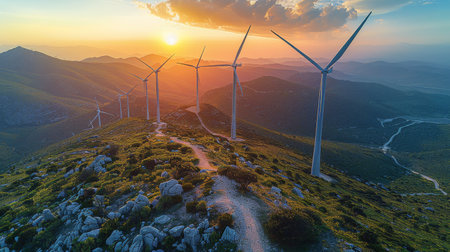 Wind turbines on a hill generating clean energy through wind power, against a clear sky.の素材