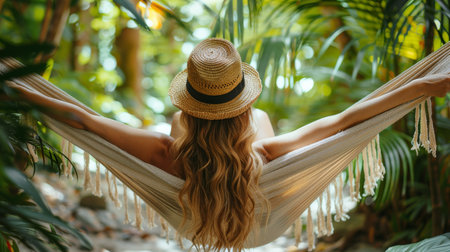A woman relaxes in a hammock amidst lush green foliage in a jungle setting.の素材