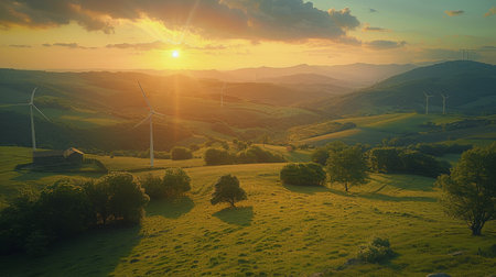 The sun is setting behind a vast green field, casting long shadows and creating a warm orange glow over the landscape.の素材