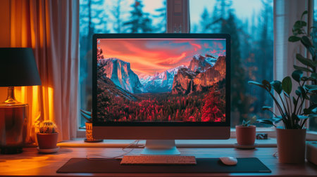 A desktop computer sits on top of a wooden desk in a simple office setting.の素材