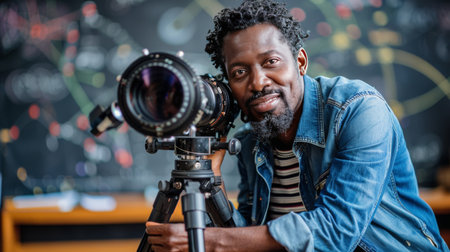 A man sits at a table next to a telescope, observing the night sky.の素材