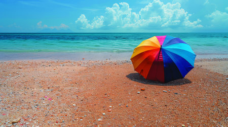 A vibrant umbrella rests on soft sand at the beach, creating a pop of color against the beige backdrop.の素材