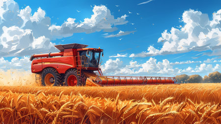 A painting depicting a tractor in a wheat field, tilling the soil under a blue sky.の素材