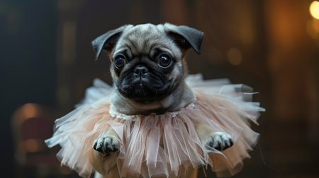 A small pug dog dressed in a tutu, standing on a floor.の素材