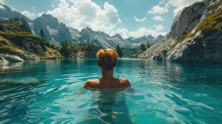 A person swimming in a vast body of water on a sunny day, surrounded by nature.の素材