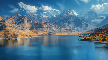 A large body of water, surrounded by towering mountains, creating a stunning natural landscape.の素材