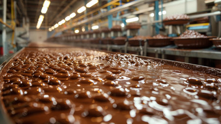 A conveyor belt moving lots of chocolate through a factory production line.の素材