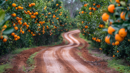 A rural dirt road with orange trees laden with ripe fruit on both sides.の素材
