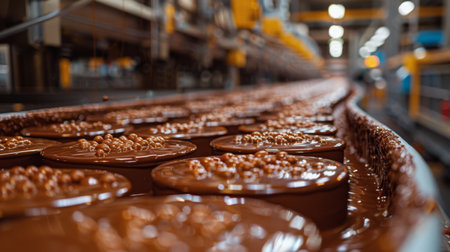 A conveyor belt moving lots of chocolate through a factory production line.の素材