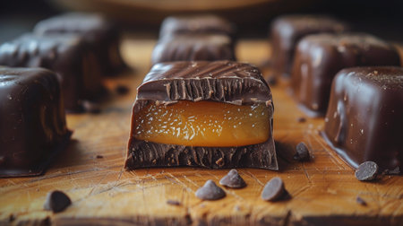 A wooden table filled with various chocolate covered desserts drizzled with caramel sauce.の素材