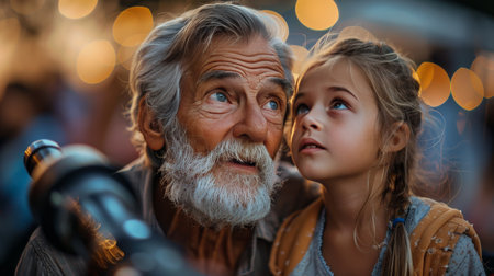 A man and a young girl standing together, looking intently at a bright light source.の素材