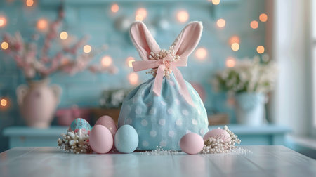 A blue bag filled with eggs is placed on top of a table, ready for use or display.の素材