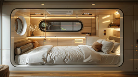 A bed is positioned next to a window in a bedroom, creating a cozy and functional sleeping area with natural light.の素材