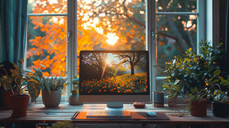 A desktop computer sits on top of a wooden desk in a simple office setting.の素材