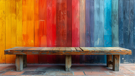 A wooden bench is positioned in front of a vibrant, multicolored wall, creating a striking contrast in this urban setting.の素材