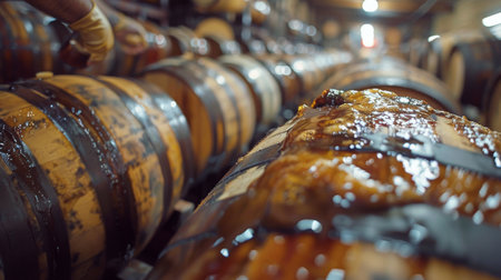 Close-up view of barrels with liquid stored on them, showcasing industrial storage and transportation.の素材