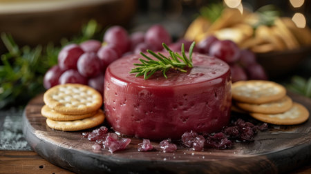 A plate holds an assortment of cheese, crackers, and grapes neatly arranged for snacking.の素材