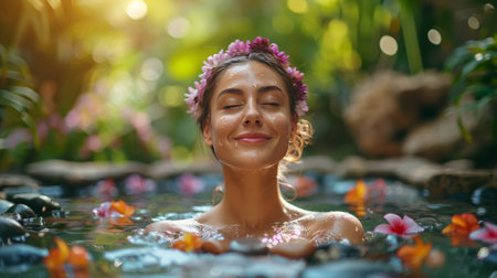 A woman standing in a pool of water, flowers adorning her hair.の素材