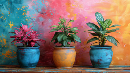 Three potted plants are arranged neatly on a shelf in front of a vibrant, colorful wall.の素材