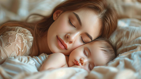 Two children, boy and girl, peacefully asleep together on a bed, cuddled up with blankets.の素材