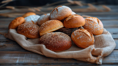 Three loaves of bread are displayed on a wooden cutting board.の素材